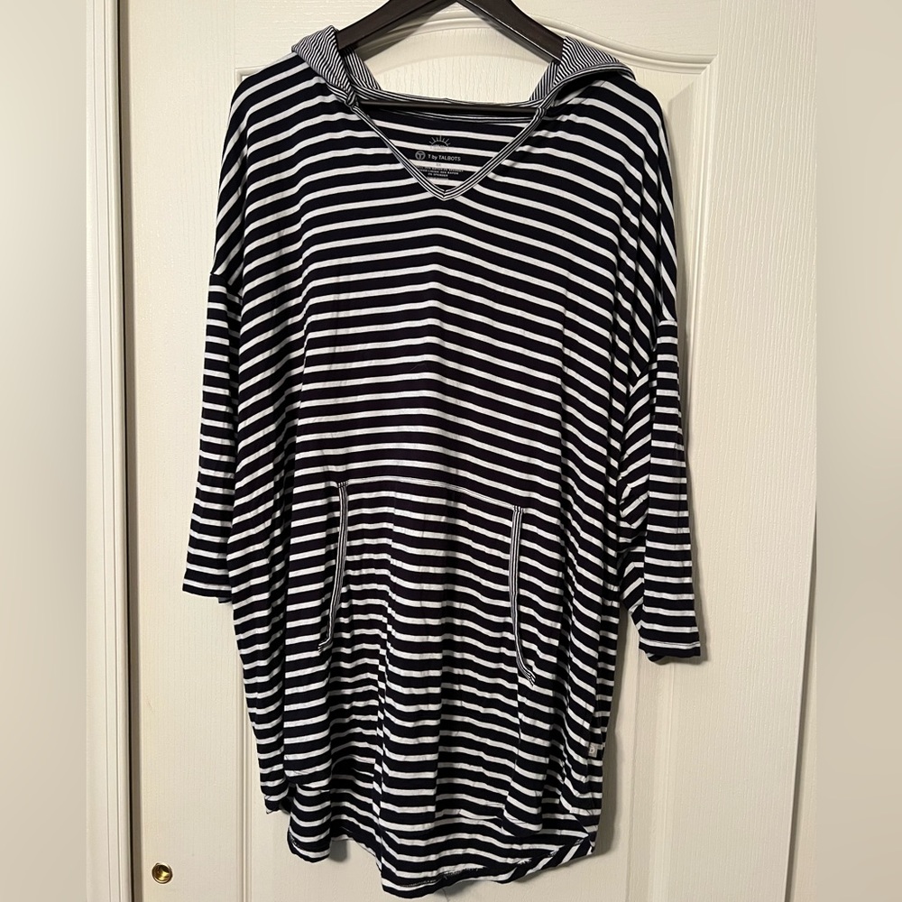 T by Talbots 3/4 Sleeve Hoodie with UPF 50 Navy and White Stripe